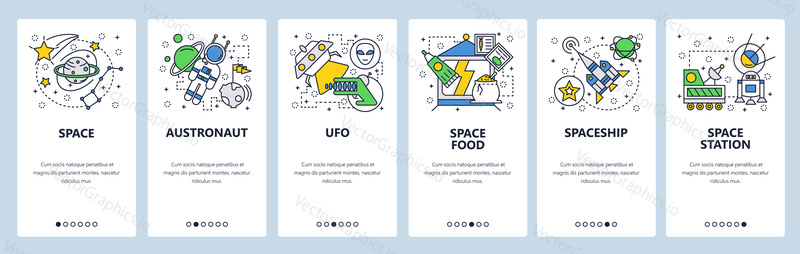 Web site onboarding screens. Outer space, planets, alines, space rocket launch. Menu vector banner template for website and mobile app development. Modern design linear art flat illustration