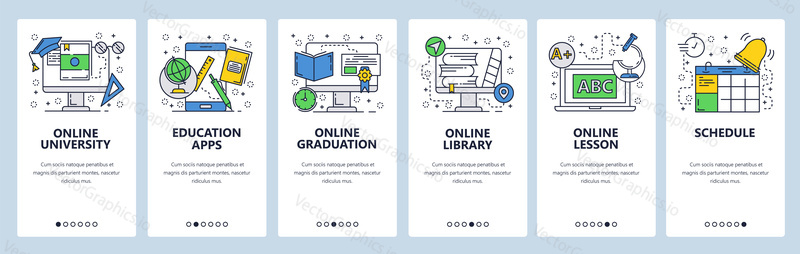 Web site onboarding screens. Online education, lesson and graduation. Menu vector banner template for website and mobile app development. Modern design linear art flat illustration