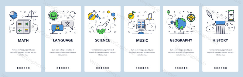 Webové stránky onboarding obrazovky. Předměty školního vzdělávání. Matematika, věda, jazyk, historie. Nabídka vektorový banner šablona pro webové stránky a vývoj mobilních aplikací. Moderní design ploché ilustrace