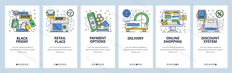 Web site onboarding screens. Online shopping and black friday sales. Menu vector banner template for website and mobile app development. Modern design linear art flat illustration
