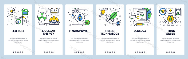 Web site onboarding screens. Ecology and green energy technology. Menu vector banner template for website and mobile app development. Modern design linear art flat illustration