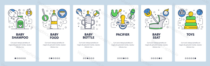 Web site onboarding screens. Nursing newborn baby. Infant food, bottle, toys. Menu vector banner template for website and mobile app development. Modern design linear art flat illustration