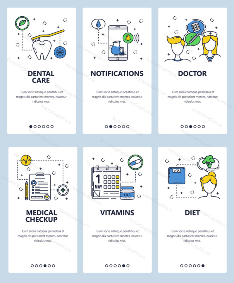 Vektorové webové stránky lineární umění onboarding obrazovky šablony. Zdravotní a lékařské prohlídky, lékař, vitamíny. Bannery Menu pro vývoj webových stránek a mobilních aplikací. Moderní design ploché ilustrace
