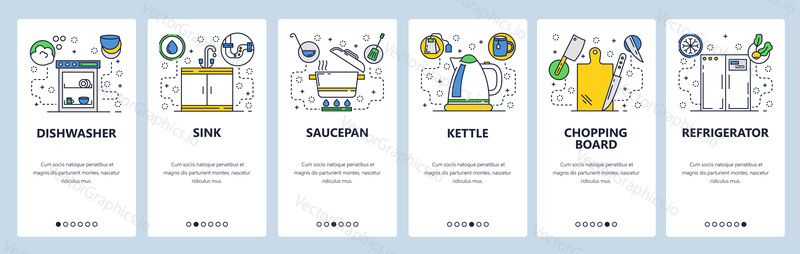 Web site onboarding screens. House kitchen appliances and accessories. Menu vector banner template for website and mobile app development. Modern design linear art flat illustration