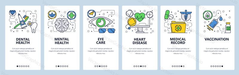 Web site onboarding screens. Medical checkup and body health, vaccination and medical records. Menu vector banner template for website and mobile app development.