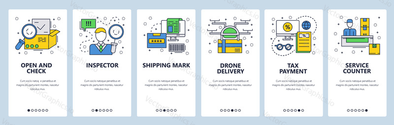 Web site onboarding screens. Delivery and shipping service. Post office. Menu vector banner template for website and mobile app development. Modern design linear art flat illustration
