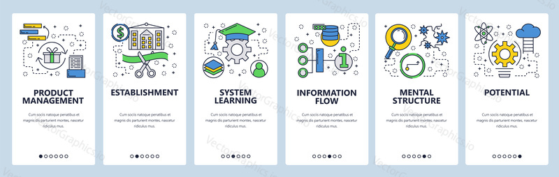 Webové stránky onboarding obrazovky. Učení, informace. Nabídka vektorový banner šablona pro webové stránky a vývoj mobilních aplikací. Moderní design lineární umění ploché ilustrace