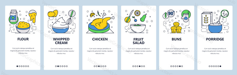 Web site onboarding screens. Breakfast food, chicken, fruit salad, cake, porridge. Menu vector banner template for website and mobile app development. Modern design linear art flat illustration