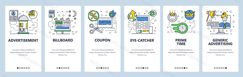 Web site onboarding screens. Marketing and advertising icons. Billboard, TV AD and online promotions. Menu vector banner template for website and mobile app development. flat illustration