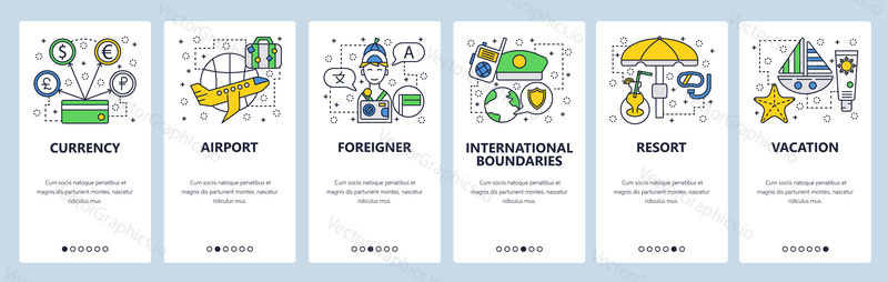 Web site onboarding screens. International travel and sea beach vacation. Menu vector banner template for website and mobile app development. Modern design linear art flat illustration