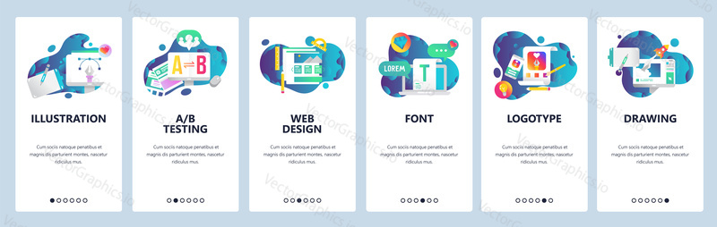 Web site onboarding screens. Graphic design, web and logotype design, computer fonts. Menu vector banner template for website and mobile app development. Modern design linear art flat illustration
