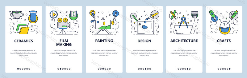 Webové stránky onboarding obrazovky. Hobby a umělecké profese, keramika, řemesla, malba, design. Nabídka vektorový banner šablona pro webové stránky a vývoj mobilních aplikací.