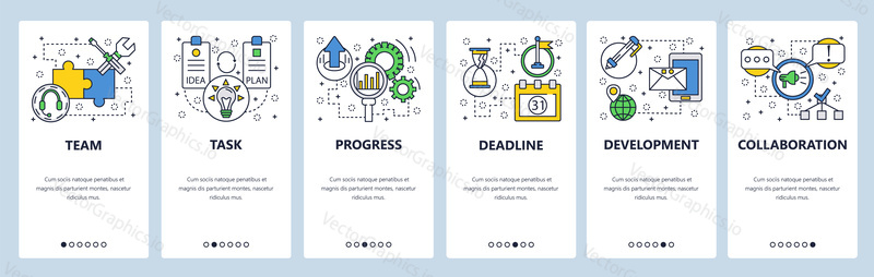 Web site onboarding screens. Task progress and deadline. Menu vector banner template for website and mobile app development. Modern design linear art flat illustration