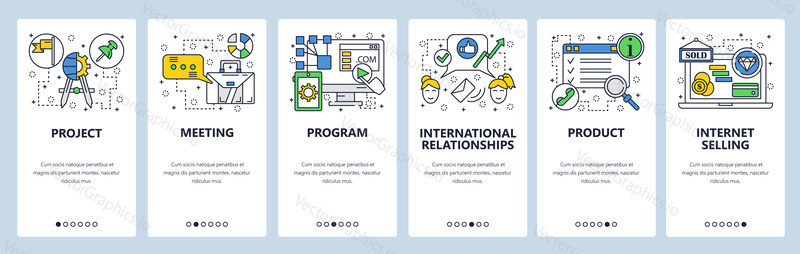 Web site onboarding screens. Project, software program, internet shop. Menu vector banner template for website and mobile app development. Modern design linear art flat illustration