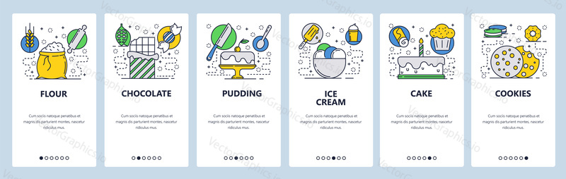 Webové stránky onboarding obrazovky. Pekárna se sladkými pouštěmi. Nabídka vektorový banner šablona pro webové stránky a vývoj mobilních aplikací. Moderní design lineární umění ploché ilustrace