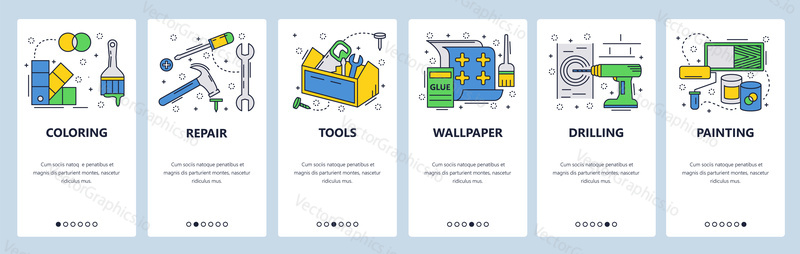 Web site onboarding screens. Hardware tools, house repair, wallpaper, painting. Menu vector banner template for website and mobile app development. Modern design linear art flat illustration