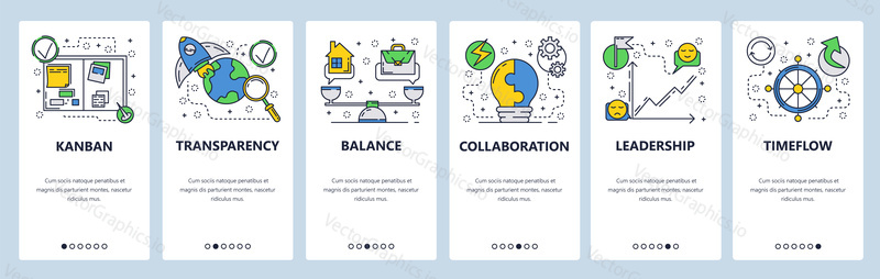 Web site onboarding screens. Business management, home work balance and collaboration. Menu vector banner template for website and mobile app development. Modern design flat illustration