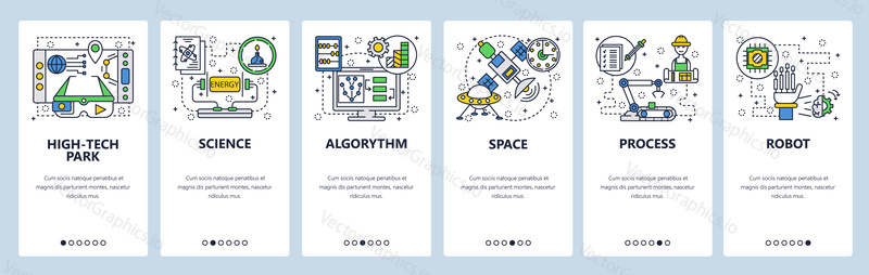 Web site onboarding screens. Technology, industrial robot, science and outer space. Menu vector banner template for website and mobile app development.