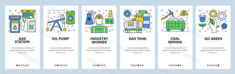 Web site onboarding screens. Power energy industry, gas station and oil pump. Menu vector banner template for website and mobile app development. Modern design linear art flat illustration