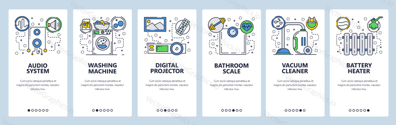 Web site onboarding screens. Home appliances, washing machine, vacuum cleaner, audio system. Menu vector banner template for website and mobile app development.