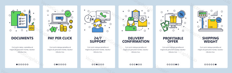 Web site onboarding screens. Online shopping, call center, advertising, shipping. Menu vector banner template for website and mobile app development. Modern design linear art flat illustration