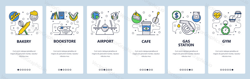 Webové stránky onboarding obrazovky. Pekárna, knihkupectví, letiště, Kavárna, Čerpací stanice a tělocvična ikony. Nabídka vektorový banner šablona pro webové stránky a vývoj mobilních aplikací.