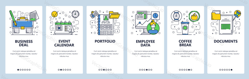 Webové stránky onboarding obrazovky. Bussiness a Office ikony set. Nabídka vektorový banner šablona pro webové stránky a vývoj mobilních aplikací. Moderní design lineární umění ploché ilustrace