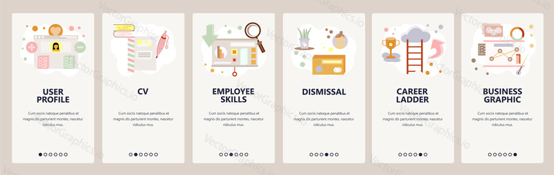 Web site onboarding screens. Job seeking, CV and resume, dismissal, career ladder. Menu vector banner template for website and mobile app development. Modern design flat illustration