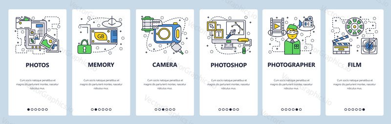 Webové stránky onboarding obrazovky. Fotoaparát, paměťová karta, software pro úpravu fotografií. Nabídka vektorový banner šablona pro webové stránky a vývoj mobilních aplikací. Moderní design lineární umění ploché ilustrace