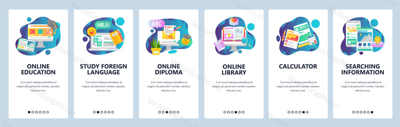 Webové stránky onboarding obrazovky. Online vzdělávání. Digitální internetové konzultace a kurzy. Nabídka vektorový banner šablona pro webové stránky a vývoj mobilních aplikací. Moderní design ploché ilustrace
