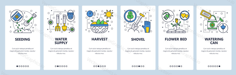 Web site onboarding screens. Garden tools icons. Plant, shovel, seedling. Menu vector banner template for website and mobile app development. Modern design linear art flat illustration