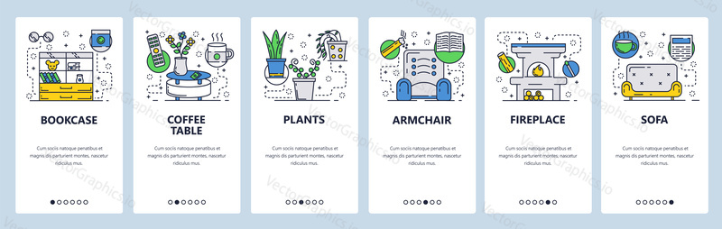 Web site onboarding screens. Home interior and furniture. Menu vector banner template for website and mobile app development. Modern design linear art flat illustration