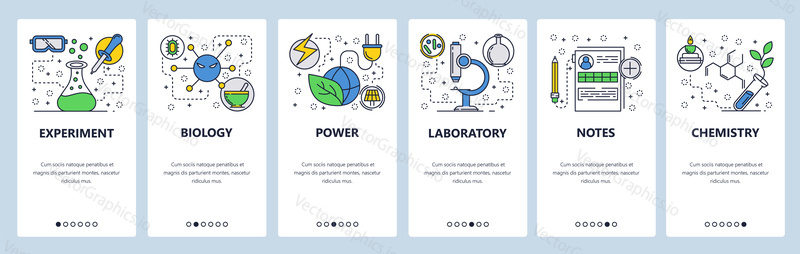 Web site onboarding screens. Science experiment in lab. Chemisty, biology. Menu vector banner template for website and mobile app development. Modern design linear art flat illustration