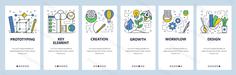Webové stránky onboarding obrazovky. 3D modelování, prototypování, růst a návrh workflow. Nabídka vektorový banner šablona pro webové stránky a vývoj mobilních aplikací. Moderní design lineární umění ploché ilustrace