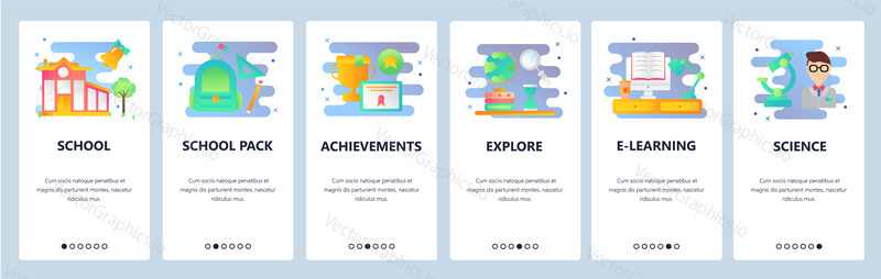 Webové stránky onboarding obrazovky. Školní vzdělávání, věda a e-learning. Nabídka vektorový banner šablona pro webové stránky a vývoj mobilních aplikací. Moderní design ploché ilustrace