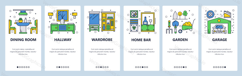 Web site onboarding screens. Home interior and furniture. Menu vector banner template for website and mobile app development. Modern design linear art flat illustration