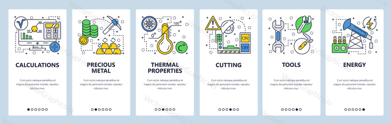 Web site onboarding screens. Hardware tools, precious metal, energy industry. Menu vector banner template for website and mobile app development. Modern design linear art flat illustration