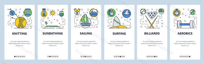 Webové stránky onboarding obrazovky. Sportovní hry, hobby a volnočasové aktivity. Nabídka vektorový banner šablona pro webové stránky a vývoj mobilních aplikací. Moderní design ploché ilustrace