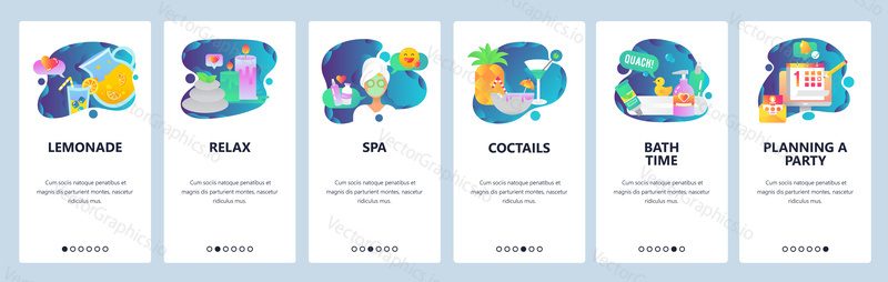 Webové stránky onboarding obrazovky. Lázeňské a wellness centrum, párty a koktejly. Nabídka vektorový banner šablona pro webové stránky a vývoj mobilních aplikací. Moderní design lineární umění ploché ilustrace