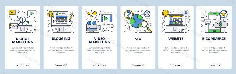 Экраны ввода веб-сайта. SEO, цифровой маркетинг, интернет-магазины, видео. Шаблон векторного баннера меню для разработки веб-сайтов и мобильных приложений. Современный дизайн линейное искусство плоская иллюстрация