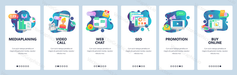 Webové stránky onboarding obrazovky. Sociální média, online chat, videohovor, SEO a marketingová propagace, online nakupování. Nabídka vektorový banner šablona pro webové stránky a vývoj mobilních aplikací.