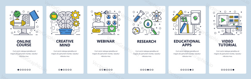 Vektorové webové stránky lineární umění onboarding obrazovky šablony. Online Školní vzdělávání, webinář, školení a video tutoriály. Bannery Menu pro vývoj webových stránek a mobilních aplikací.