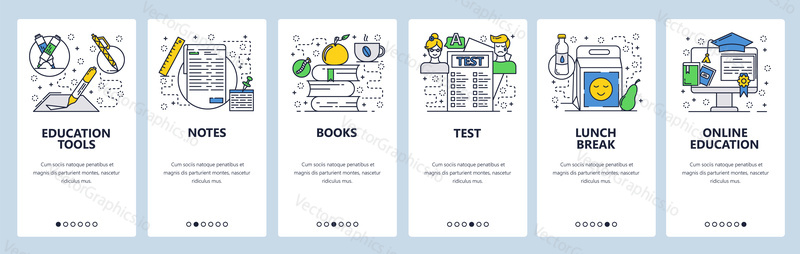 Vektorové webové stránky lineární umění onboarding obrazovky šablony. Online vzdělávání a školní knihy, test, přestávka na oběd. Bannery Menu pro vývoj webových stránek a mobilních aplikací. Moderní design ploché ilustrace