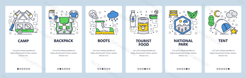 Vektorové webové stránky lineární umění onboarding obrazovky šablony. Venkovní cestování, turistika a kempování. Turistické doplňky. Bannery Menu pro vývoj webových stránek a mobilních aplikací. Moderní design ploché ilustrace