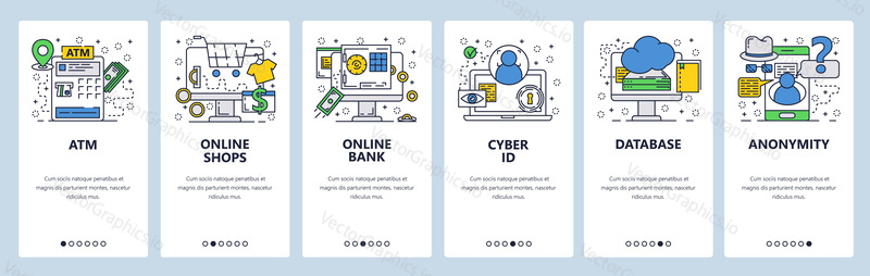 Vektorové webové stránky lineární umění onboarding obrazovky šablony. Bankomat, online bankovnictví a nakupování, cyber ID a anonymita. Bannery Menu pro vývoj webových stránek a mobilních aplikací. Moderní design ploché ilustrace