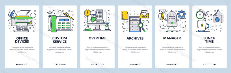 Vector web site linear art onboarding screens template. Business office accessories, printer, desk, chair. Menu banners for website and mobile app development. Modern design flat illustration