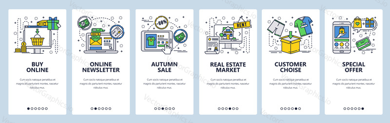 Vector web site linear art onboarding screens template. Online shopping, sales and special offer. Menu banners for website and mobile app development. Modern design flat illustration