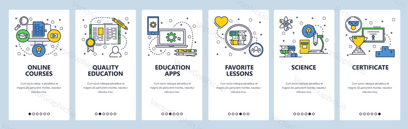 Vector web site linear art onboarding screens template. Online courses and education. Science, graduation certificate. Menu banners for website and mobile app development.