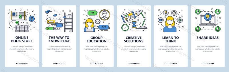 Vektorové webové stránky lineární umění onboarding obrazovky šablony. Vzdělání a znalosti, kreativní nápady a kritické myšlení. Bannery Menu pro vývoj webových stránek a mobilních aplikací. Moderní design ploché ilustrace