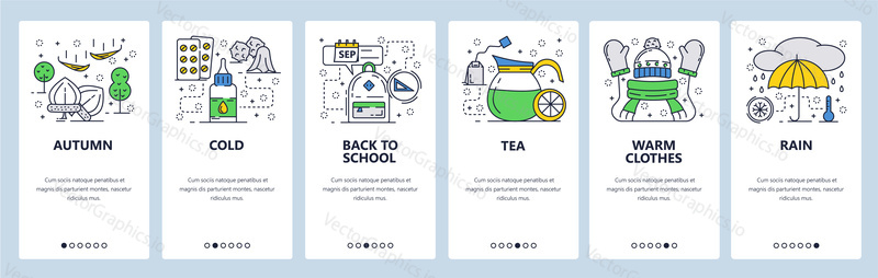 Vector web site linear art onboarding screens template. Fall season, flu, warm clothes, rain. Menu banners for website and mobile app development. Modern design flat illustration